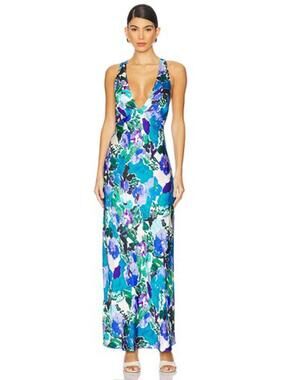 Shona Joy Curlewis Plunged Cross Back Maxi Dress in Ocean Blue & Mult